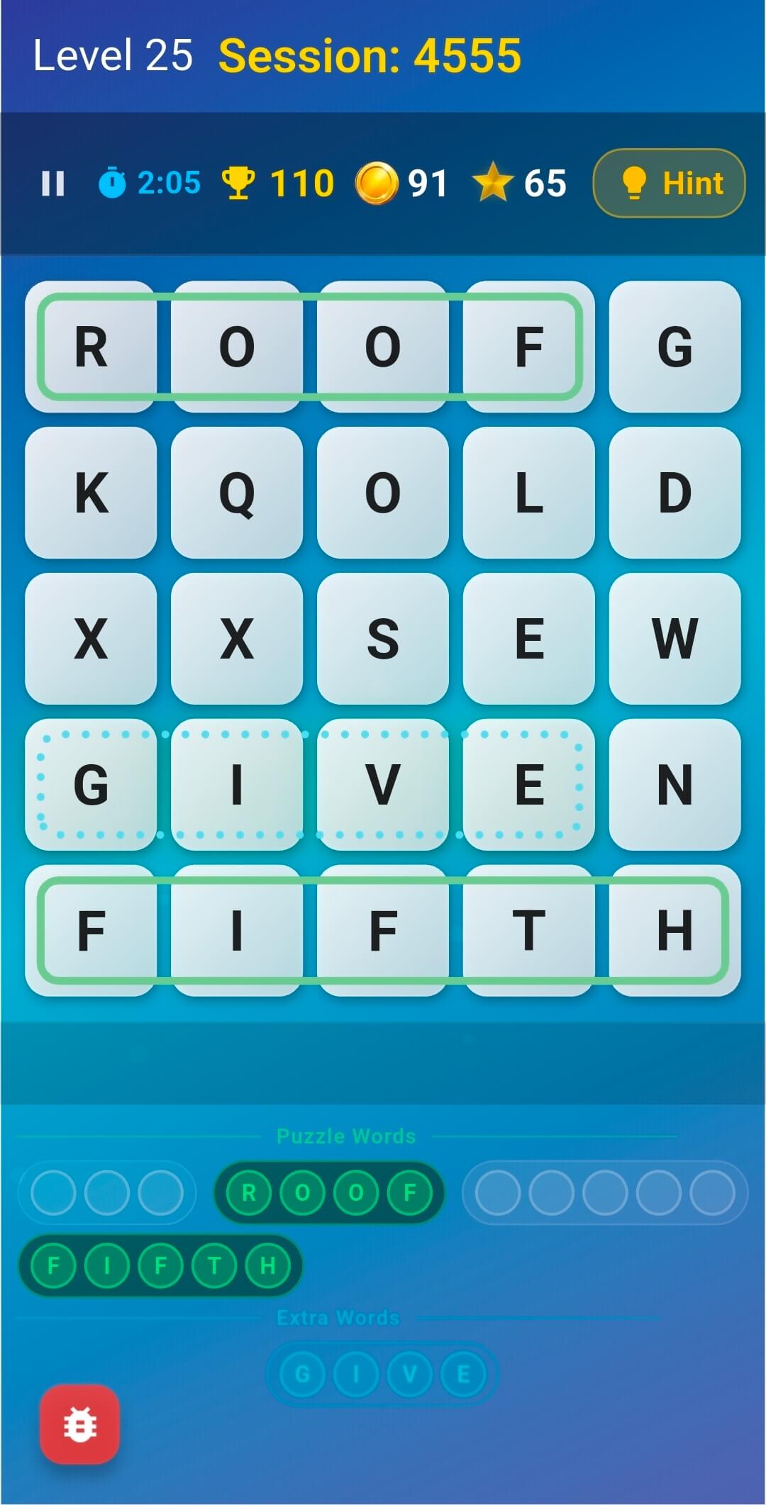 Word Explosion gameplay with letter grid and found words highlighted in green