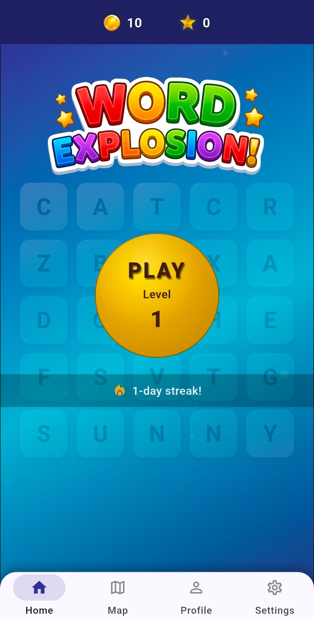 Word Explosion home screen showing the game logo and play button
